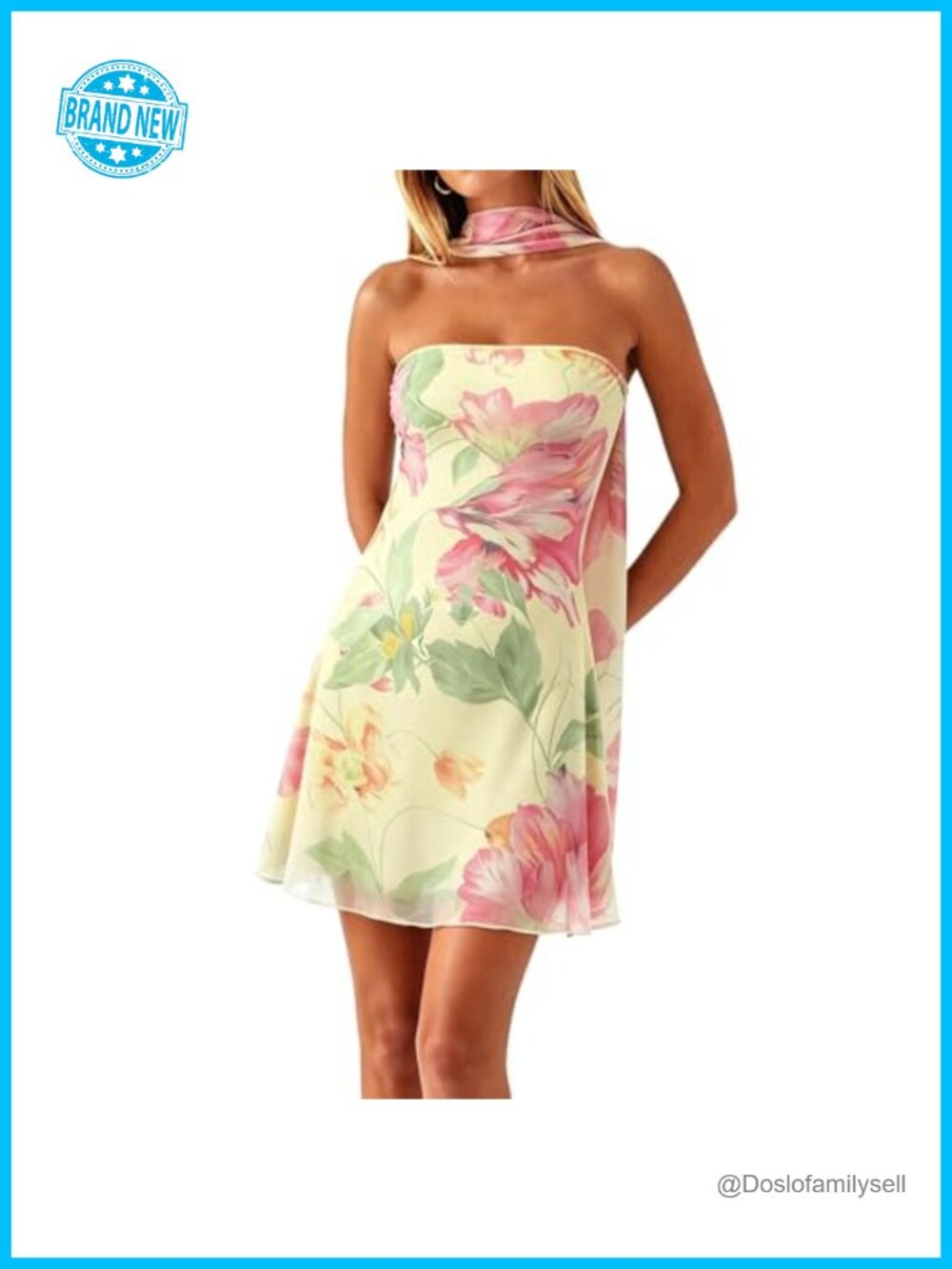 Strapless Mini Dress with Scarf Mesh Overlay Backless Bodycon Wedding Guest